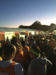 Walking to the start corrals from the Team World Vision Tent